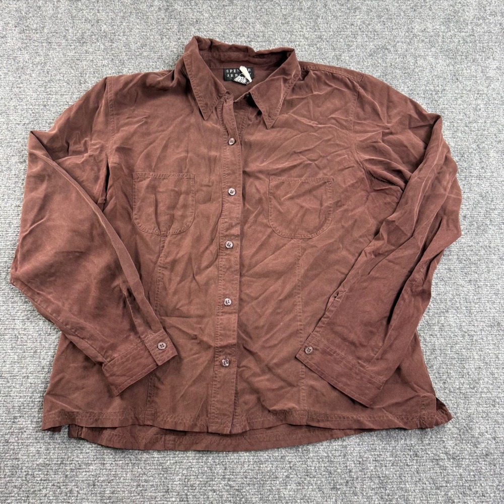 Spenser Jeremy Button Up Shirt XL Brown 100% Silk Long Sleeve Blouse Womens